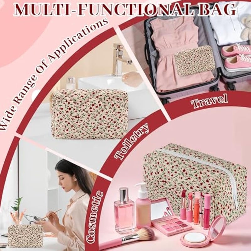 يورسكيتووس شنطة مكياج قطنية صغيرة مبطنة بتصميم زهور، شنطة مكياج لطيفة ومنتفخة بتصميم زهور، شنطة مكياج للسفر محمولة بسحاب لتخزين ادوات الزينة للنساء والفتيات والمراهقين والاطفال (احمر) - Image 3